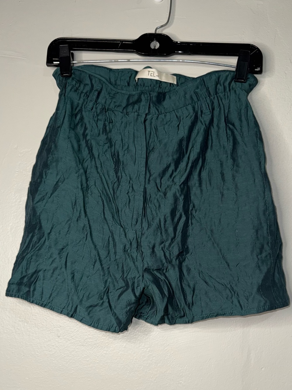TELA Emerald Green Crinkle High-Waist Shorts